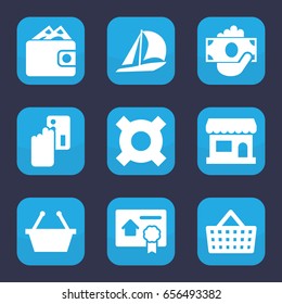 Set of 9 filled commerce icons such as bill of house sell, store