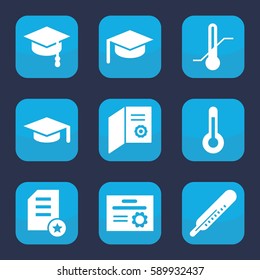 Set of 9 filled degree icons such as thermometer, temperature, arrows up, diploma