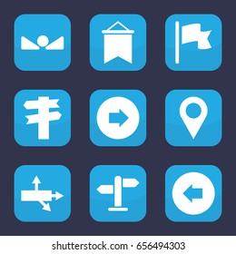 Set of 9 filled direction icons such as arrow left, arrow right, flag, direction
