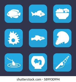 Set of 9 filled fish icons such as fish, food, fishing, extinct sea creature