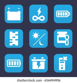 Set of 9 filled full icons such as baby food, battery, sun and moon, endless battery
