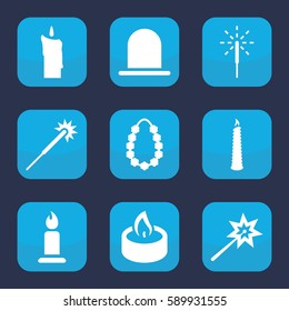 Set of 9 filled glowing icons such as siren, candle, sparklers, sparkler