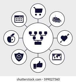  Set of 9   filled icons such as sandwich and apple, apple, cargo insurance, thumb up, world map, shopping cart, heart with arrow, family structure