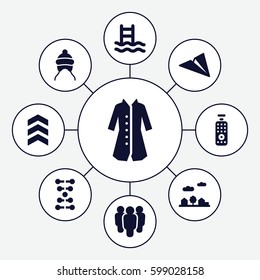  Set of 9   filled icons such as baby cap, overcoat, city landscape, remote control, arrow, dna, paper plane, group