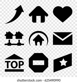 set of 9 filled icons such as mail, top of cargo box, heart, home, rank, arrow up