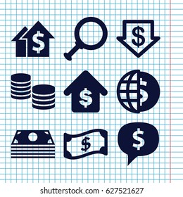 Set of 9 filled icons such as dollar down, buying a house, crown, money