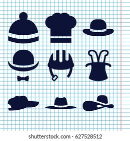 Set of 9 filled icons such as helmet, woman hat