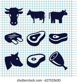 Set of 9 filled icons such as cow, beef