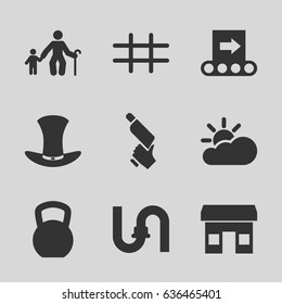 Set of 9 filled icons such as pipe, nail gun, hat, grid, sun cloud, conveyor, store, old man with child