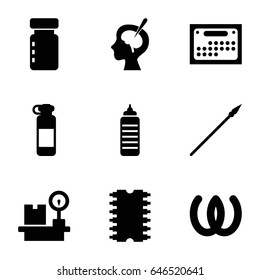 Set of 9 filled icons such as luggage weight, brain surgery, cpu, calendar, spear, omega, bottle for fitness