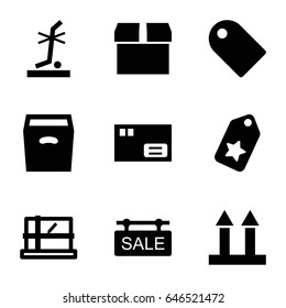 Set of 9 filled icons such as parcel, cargo arrow up, no standing nearby, box, sale tag
