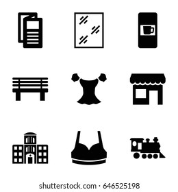 set of 9 filled icons such as vending machine, window, sport bra, blouse, news, bench, locomotive, hospital building