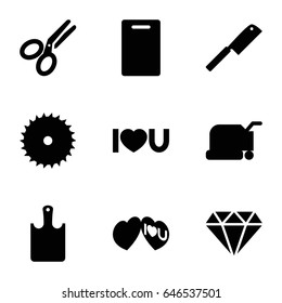 Set of 9 filled icons such as diamond, cutting board, lawn mower, blade saw, i love you, scissors, chopping board