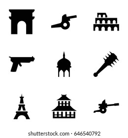 Set of 9 filled icons such as mosque, coliseum, arc de triomphe, temple, eiffel tower, mace, cannon