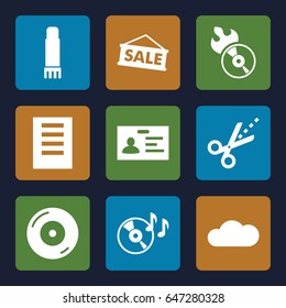 set of 9 filled icons such as badge, disc on fire 