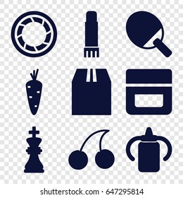 Set of 9 filled icons such as carrot, baby bottle, cream, cherry, cargo container