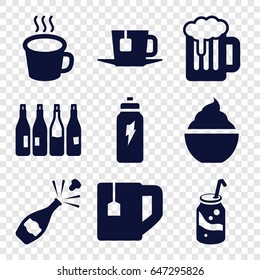 Set of 9 filled icons such as bottle, soda, tea cup, milkshake, cup, tea