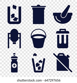 Set of 9 filled icons such as bucket, tank, trash bin, energy drink, bin