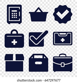 Set of 9 filled icons such as safe, medical kit, first aid kit, case, shopping bag