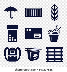 Set of 9 filled icons such as backpack, Chinese fast food, cargo box
