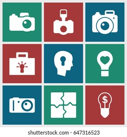 Set of 9 filled icons such as puzzle, bulb heart, camera, keyhole in head