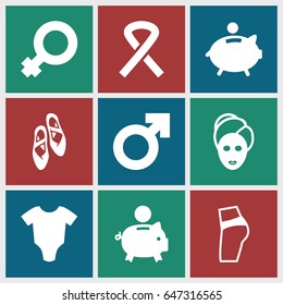 Set of 9 filled icons such as baby onesie, spa mask, ribbon, ballet shoes
