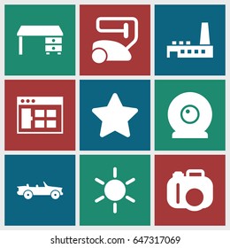Set of 9 filled icons such as sun, vacuum cleaner, office desk, star, factory