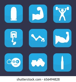 Set of 9 filled icons such as muscle, power lifter, robot
