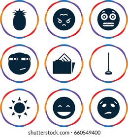 Set of 9 filled icons such as sun, laughing emot, sweating emot
