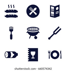 Set of 9 filled icons such as sausage, tonometer, bbq
