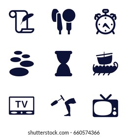 Set of 9 filled icons such as alarm, feather and paper, knee hammer 