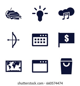 Set of 9 filled icons such as sandwich and apple, music cloud, bulb, bow