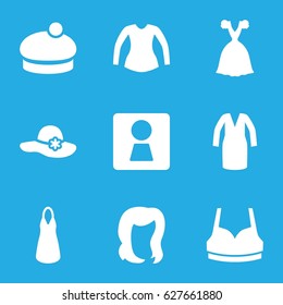 set of 9 filled lady icons such as woman WC, hairstyle, hat, sport bra, dress