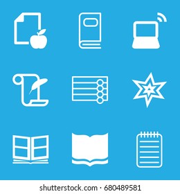 set of 9  filled and outline icons such as explosion, book, feather and paper, paper and apple, laptop, photo album, wooden wall