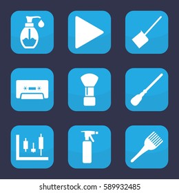 Set of 9 filled plastic icons such as shaving brush, spray bottle, coloring brush, dustpan, mop, soap, cassette, play