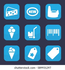 Set of 9 filled product icons such as baby potty, tag, ice cream, cargo on cart, cheese, barcode