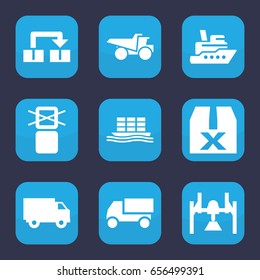 Set of 9 filled shipping icons such as truck, cargo only in box allowed, cargo ship, object move