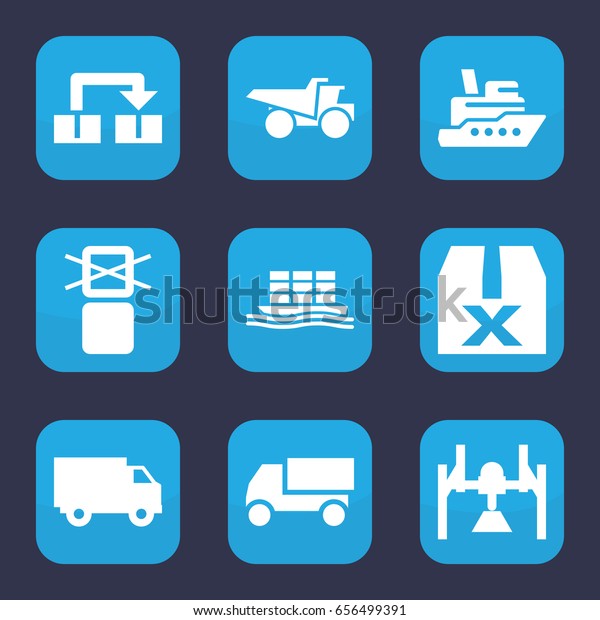 Set of 9 filled shipping\
icons such as truck, cargo only in box allowed, cargo ship, object\
move