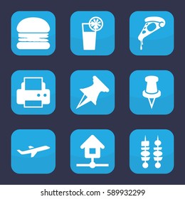 Set of 9 filled solid icons such as printer, pizza, pin, plane, cocktail, kebab, home