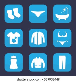 Set of 9 filled textile icons such as baby socks, bikini, shower, dirty laundry, female underwear, jacket, pants