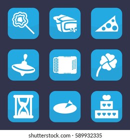 Set of 9 filled traditional icons such as whirligig, pie, lollipop, harmonic, clover, sundial, hourglass