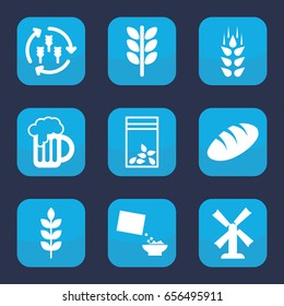 Set of 9 filled wheat icons such as wheat, harvest, bread, mill, seed bag, cereal
