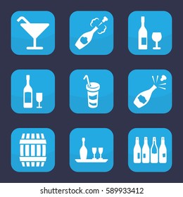 Set of 9 filled wine icons such as bottle, barrel, Cocktail, drink