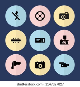 Set of 9 film filled icons such as ticket, camera, camera zoom, no flash