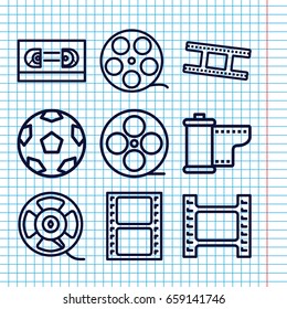 Set of 9 filmstrip outline icons such as movie tape, film tape