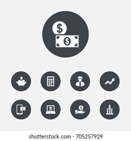 Set Of 9 Finance Icons Set.Collection Of Grown, Building, Calculate And Other Elements.