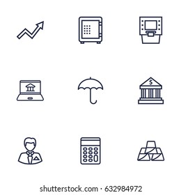 Set Of 9 Finance Outline Icons Set.Collection Of Protect, Calculator, Golden Bars And Other Elements.