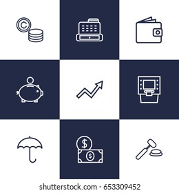Set Of 9 Finance Outline Icons Set.Collection Of Grow Up, Dollar, Wallet And Other Elements.