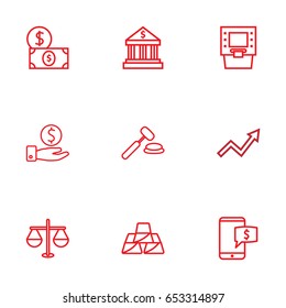 Set Of 9 Finance Outline Icons Set.Collection Of Grow Up, Atm, Dollar And Other Elements.