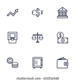 Set Of 9 Finance Outline Icons Set.Collection Of Coins, Dollar, Atm And Other Elements.